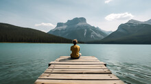 Boy Sits On A Jetty And Looks At The Lake. Mountains In The Background