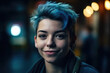 © Jose Luis Stephens - Portrait of a young woman with short dyed blue hair with a friendly look.  Composite with different elements made with generative AI