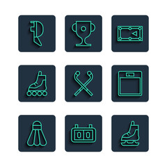 Wall Mural - Set line Badminton shuttlecock, Sport mechanical scoreboard, Skates, Billiard table, Ice hockey sticks, Roller skate, Fencing helmet mask and Bathroom scales icon. Vector