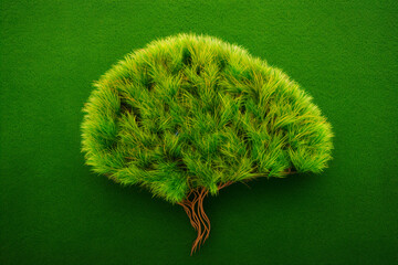 Green Brain with roots on green grass background. Generative ai