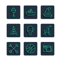 Canvas Print - Set line Arrow with sucker tip, Basketball ball, Photo camera, Toy boat, Racket and, Pyramid toy, Rattle baby and Baby stroller icon. Vector