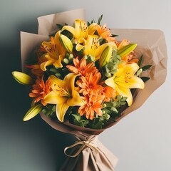 Sticker - Bouquet with yellow and orange lilies. Mother's Day Flowers Design concept.