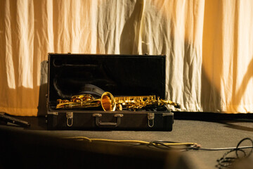 Canvas Print - Band playing music and a gig in a venue, close up of a rock band playing guitars and instruments.