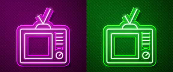 Poster - Glowing neon line Retro tv icon isolated on purple and green background. Television sign. Vector