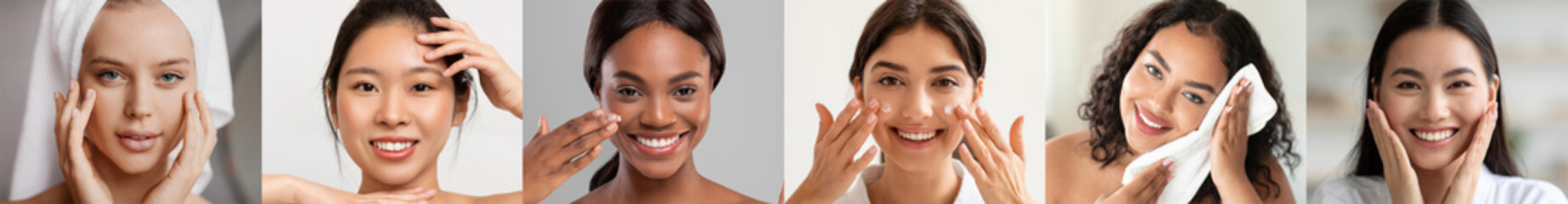 Poster - Beauty Concept. Portraits Of Happy Multiethnic Women Making Skincare Treatments At Home