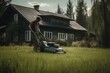 a man mows the grass with a lawnmower in the yard near the house. generative AI