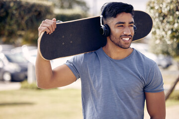 Poster - Today a board, tomorrow a brand new car. a young man using headphones while skating outside at college.