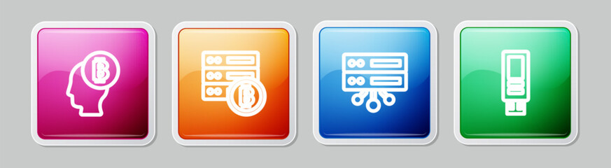 Sticker - Set line Bitcoin think, Server bitcoin, and USB flash drive. Colorful square button. Vector