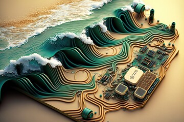 Wall Mural - Circuit board with inductors resembling waves on a beach, concept of Electronics aesthetics and Circuit design, created with Generative AI technology