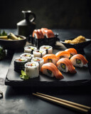 Fototapeta Las - Sushi set on a black background. Sushi rolls, japanese food