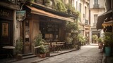 Fototapeta Uliczki - Classic and bohemian style cafe exterior in a French cozy street, AI generated
