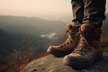 hiking in climbing boots in the mountains - generative ai