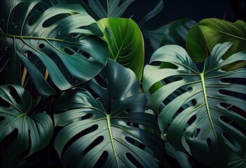 Wall Mural - Tropical leaves Monstera Deliciosa in dark tone. Generative AI