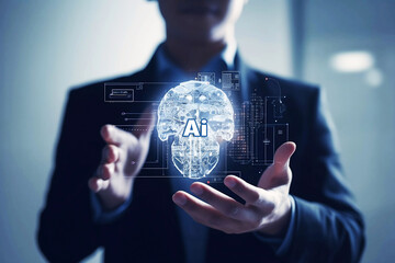 Poster - man holding digital object in hands with abstract digital images. ai concept
