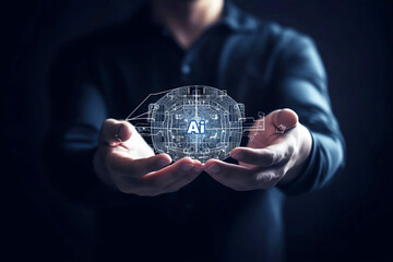 Poster - man holding digital object in hands with abstract digital images. ai concept