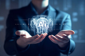 Poster - man holding digital object in hands with abstract digital images. ai concept