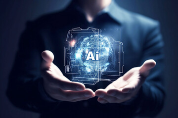 Poster - man holding digital object in hands with abstract digital images. ai concept