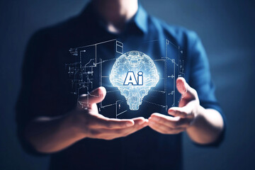 Poster - man holding digital object in hands with abstract digital images. ai concept
