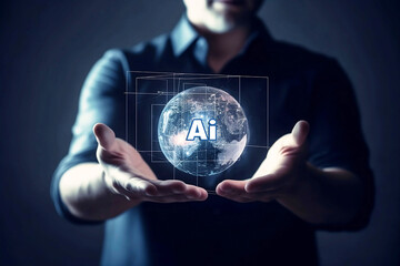 Poster - man holding digital object in hands with abstract digital images. ai concept