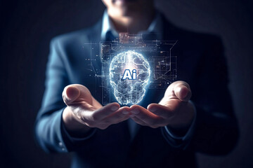 Poster - man holding digital object in hands with abstract digital images. ai concept