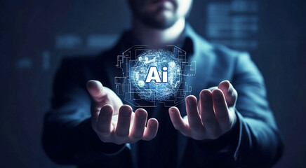 Poster - man holding digital object in hands with abstract digital images. ai concept