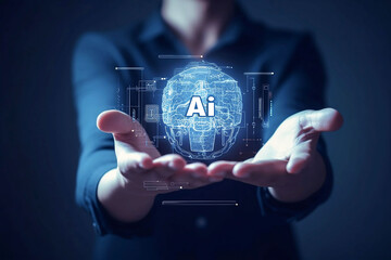 Poster - man holding digital object in hands with abstract digital images. ai concept