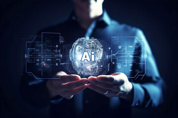 Poster - man holding digital object in hands with abstract digital images. ai concept
