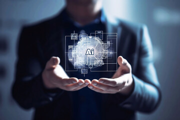 Poster - man holding digital object in hands with abstract digital images. ai concept