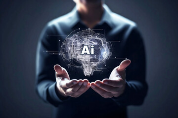 Poster - man holding digital object in hands with abstract digital images. ai concept