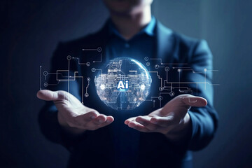 Poster - man holding digital object in hands with abstract digital images. ai concept