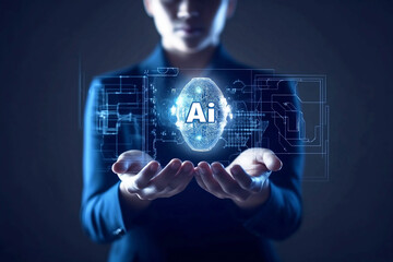 Poster - man holding digital object in hands with abstract digital images. ai concept