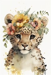 Beautiful baby face portrait leopard with flowers crown on white background. Art design, portrait. Beautiful illustration for decoration design poster.