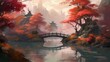 artistic illustration of Asian autumn river landscape, Generative ai