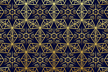 Luxury blue background with islamic, persian, indian pattern, arabesque, arabic geometric golden texture. Ethnic oriental patterns, tribal original ornaments, doodle. Stained glass style.
