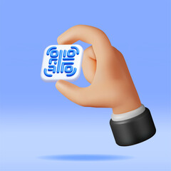 Poster - 3d QR Code Icon in Hand. Render Modern QR Code Symbol. Concept of Online Shopping. Advertisement, Marketing and Promotion. Scan Code for Verification, Payment or identification. Vector Illustration
