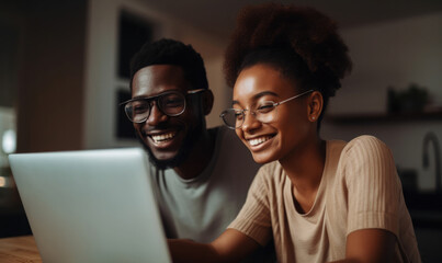 Happy african american man and woman looking at laptop, generative AI