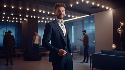 contemporary office occasions really nice suit attractive young businessman working at a very upscale new workplace conversing with females and pals. AI generator