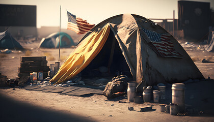refugee tent camp next to us city, sun light. concept of illegal immigrant of people. generation ai