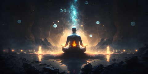 Wall Mural - astral yoga silhouette of human in cosmic space meditate. practicing transcendental spiritual medita
