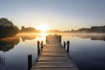 Wall Mural - wooden pier at the lake at sunrise. generative ai.