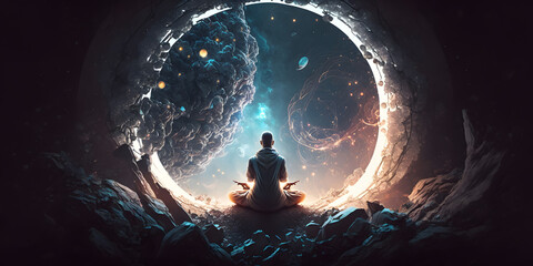 Wall Mural - astral yoga silhouette of human in cosmic space meditate. practicing transcendental spiritual medita