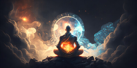 Wall Mural - astral yoga silhouette of human in cosmic space meditate. practicing transcendental spiritual medita