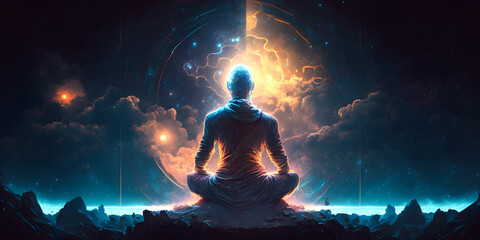 Wall Mural - astral yoga silhouette of human in cosmic space meditate. practicing transcendental spiritual medita