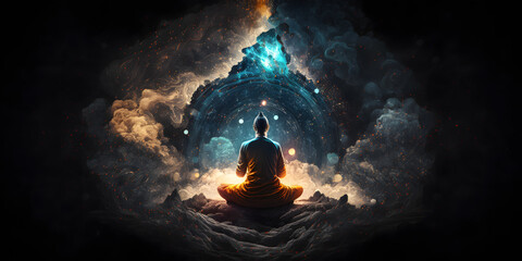 Wall Mural - astral yoga silhouette of human in cosmic space meditate. practicing transcendental spiritual medita