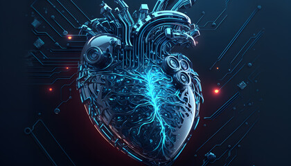 Wall Mural - Abstract image of technological heart with artificial intelligence, cyber man blue banner. Generation AI