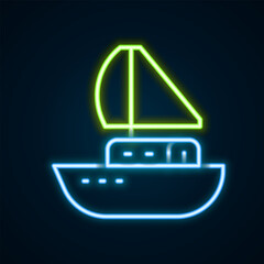 Canvas Print - Glowing neon line Yacht sailboat or sailing ship icon isolated on black background. Sail boat marine cruise travel. Colorful outline concept. Vector