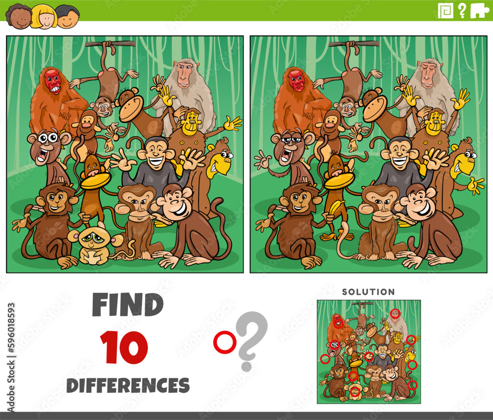 differences game with cartoon monkeys characters group Stock Vector ...