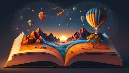 In the desert open book with hot air balloons, sunrise and mountains. 