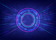 © Somsak - abstract background future technology Tech circle with empty space in the middle Multi-colored glowing neon with beam moving binary and cube perspective. blue gradient background