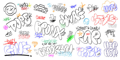  graffiti street art vector lettering set , rap music hip hop culture design elements